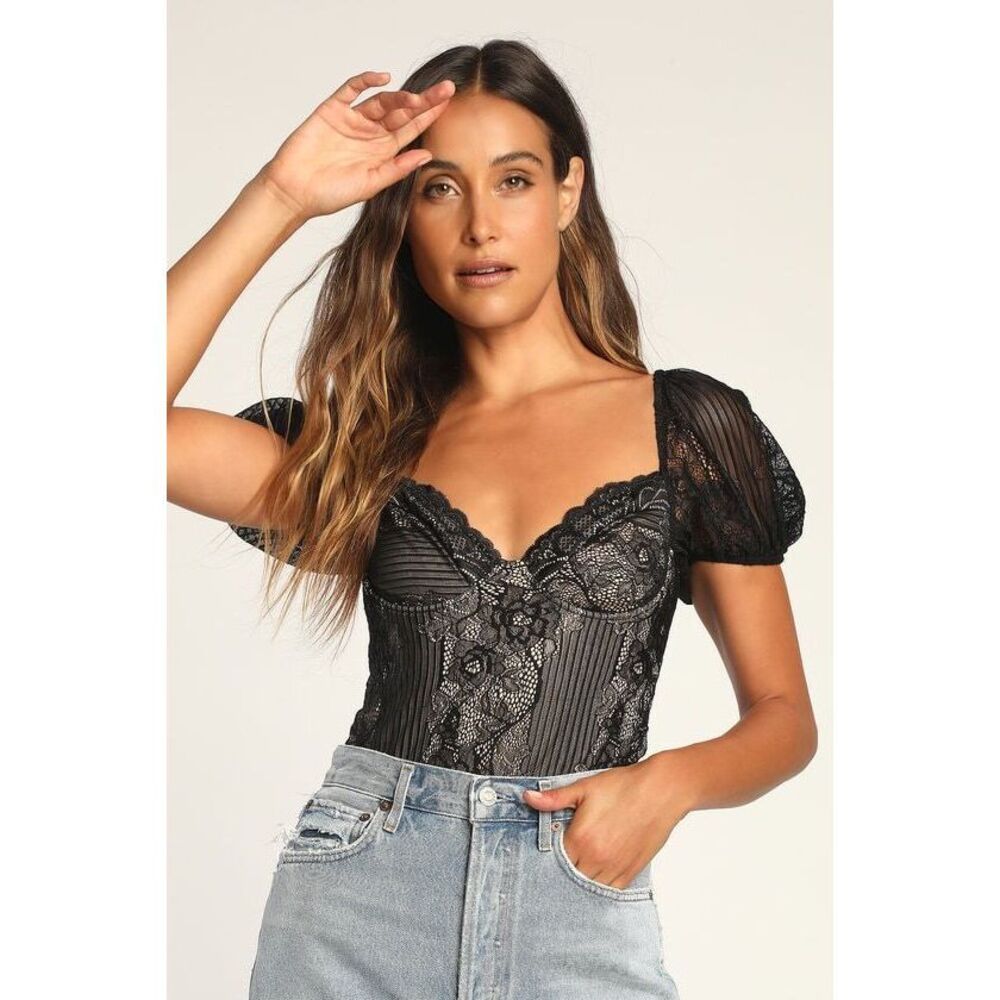 Lulus Debonair Darling Black Floral Lace Puff Sleeve Bodysuit - Size XL